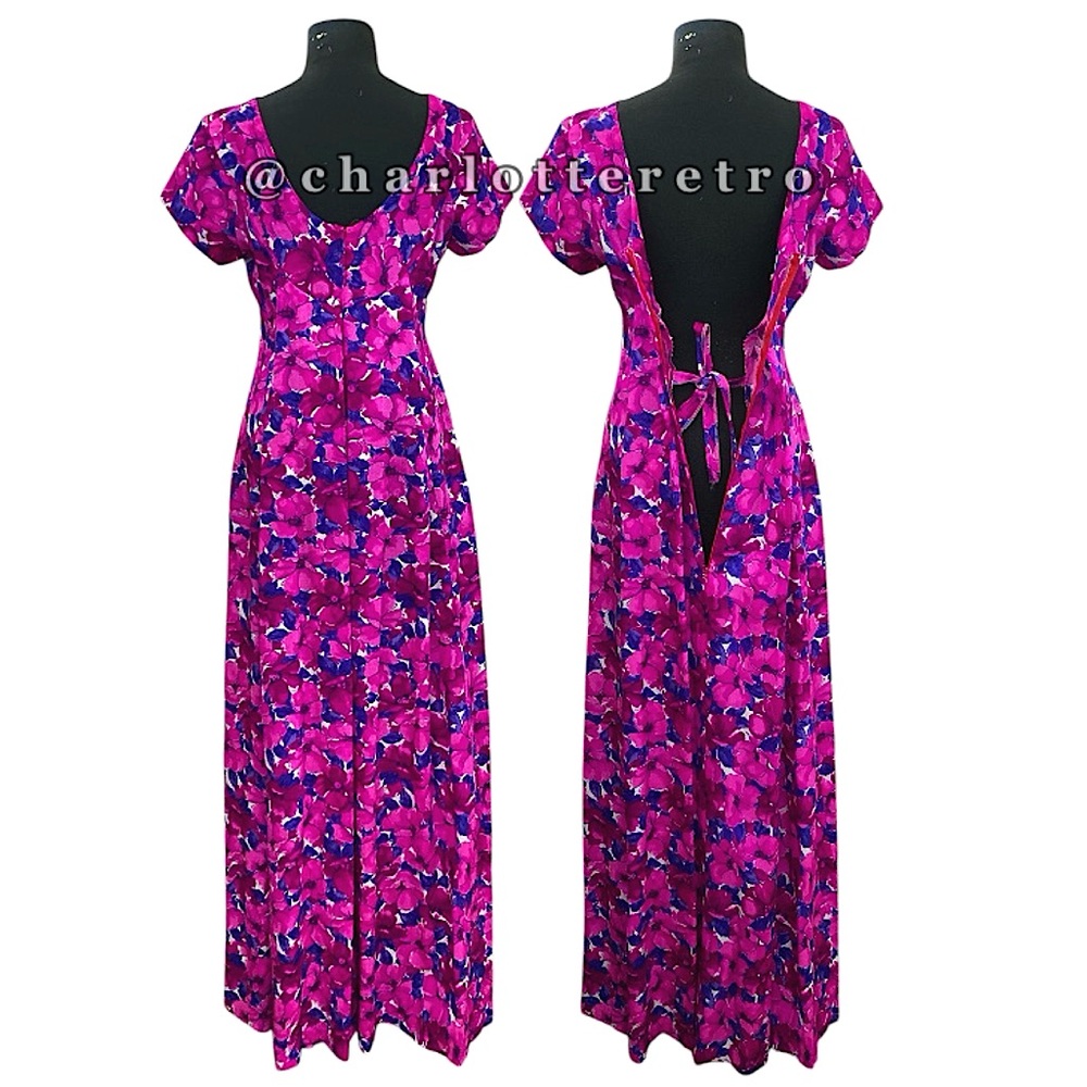 vtg Floral Hawaiian Maxi Dress w Pleated Train